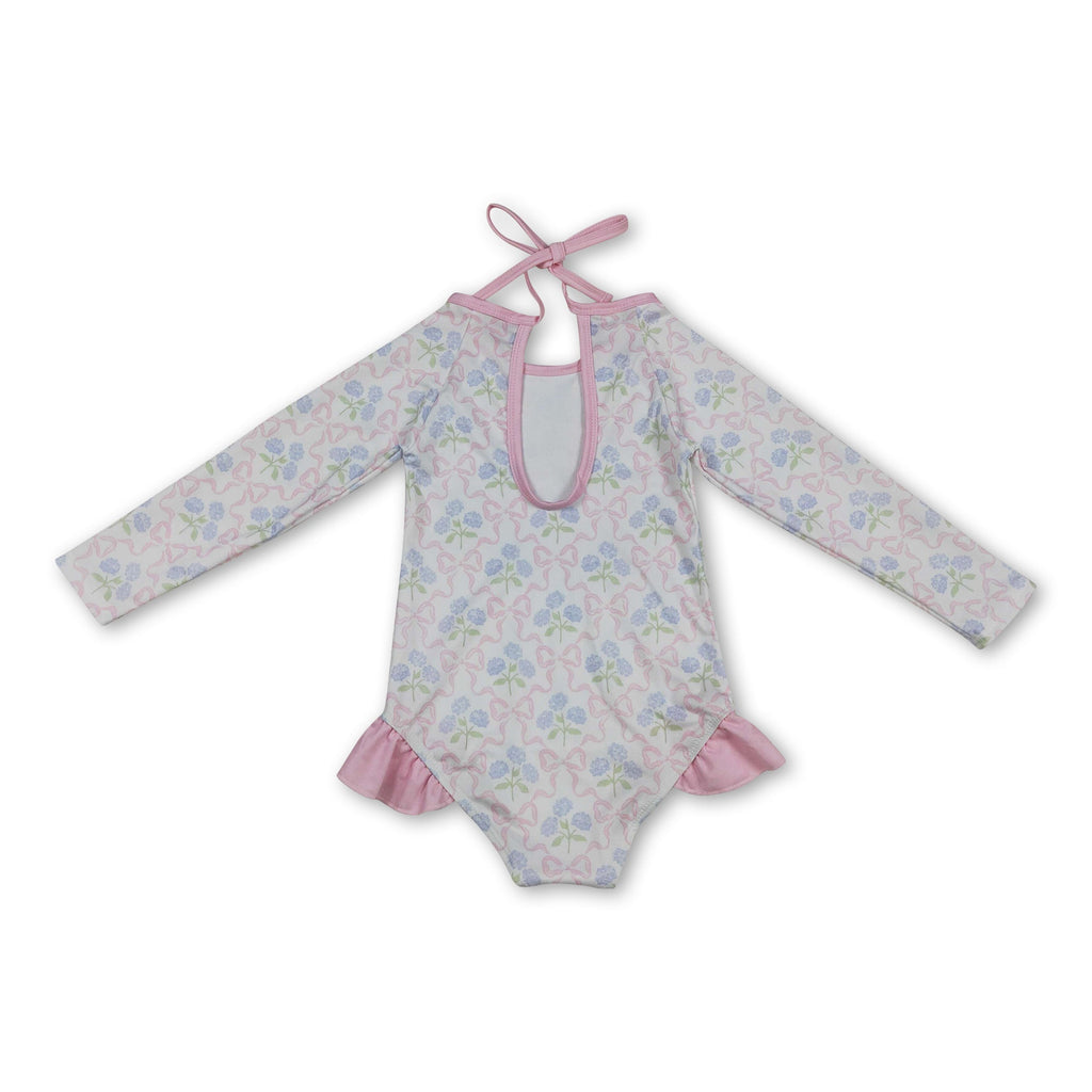 Long sleeves bow floral baby girls one piece swimsuit
