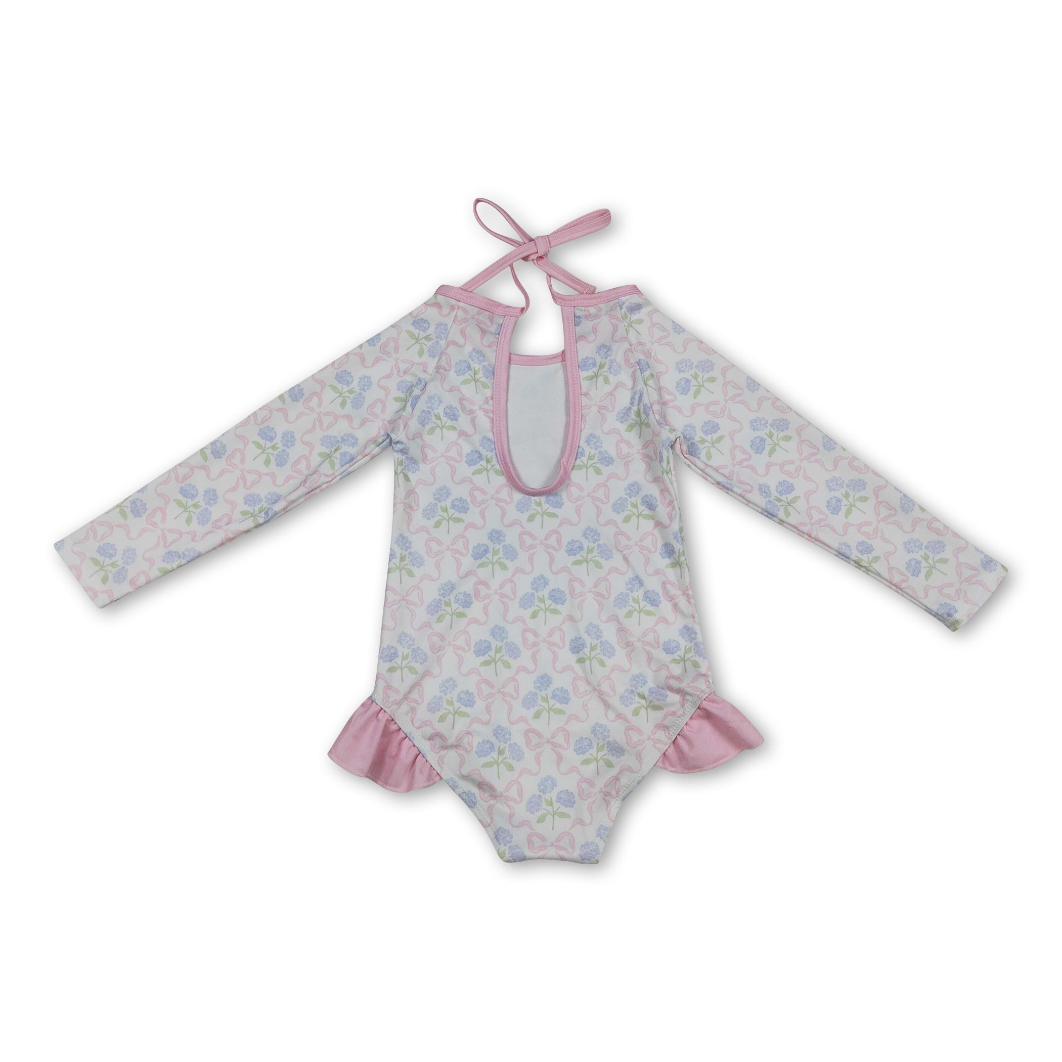 Long sleeves bow floral baby girls one piece swimsuit